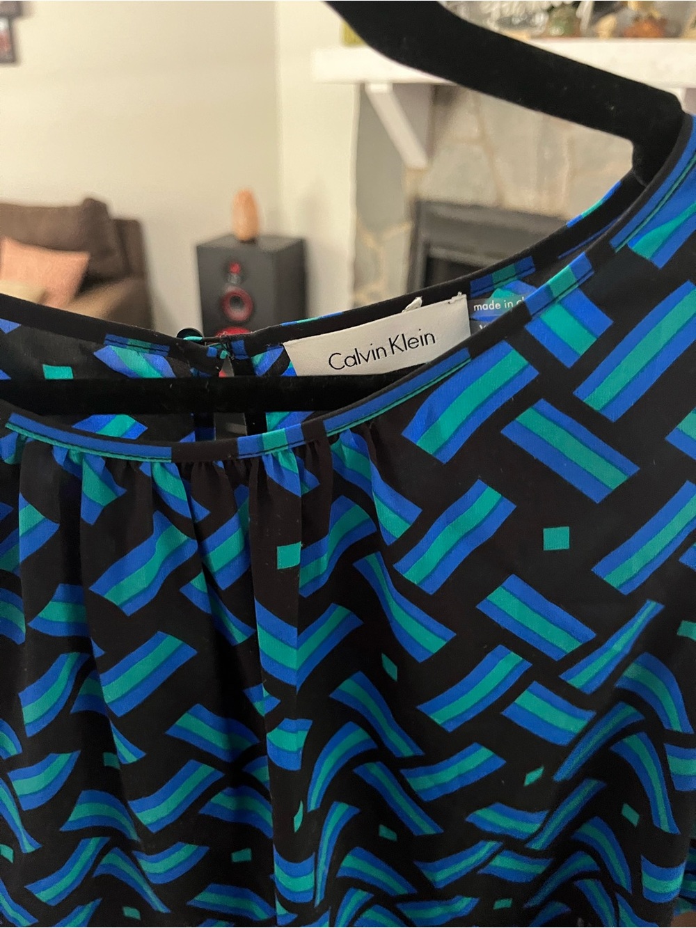 Calvin Klein Black Sleeveless Top with Blue & Teal Geometric Print - Picture 2 of 6
